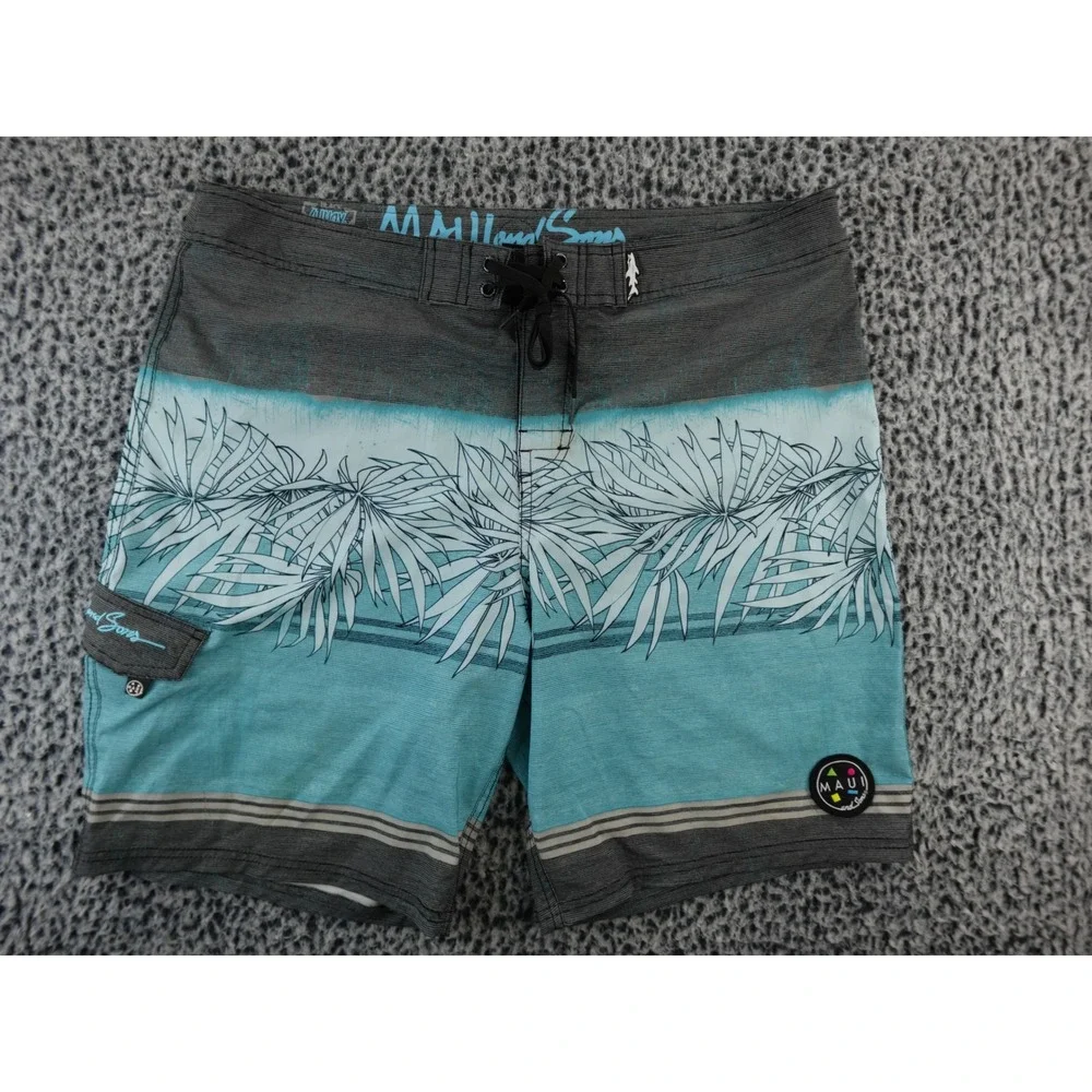 Maui and Sons Mens Board Shorts Teal Blue Palm Leaf Print‎ Elastic Waist 36